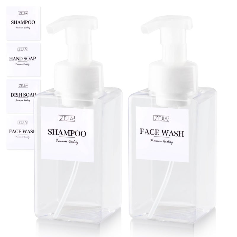 ZEJIA 15OZ Foaming Soap Dispenser, 2-Pack Plastic Hand Soap Dispenser, Refillable Leakproof Foam Pump Bottle with Waterproof Labels, for Shampoo, Body Wash - Image 1